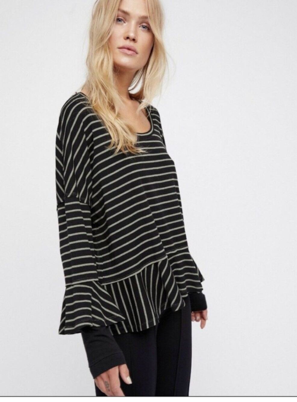 We The Free People Black Top Striped Ruffle Hem Round Neck Size X-Small XS